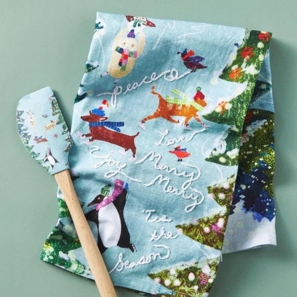 NWT Anthropologie Ice Skating Christmas Tea Towel And Spatula Bundle